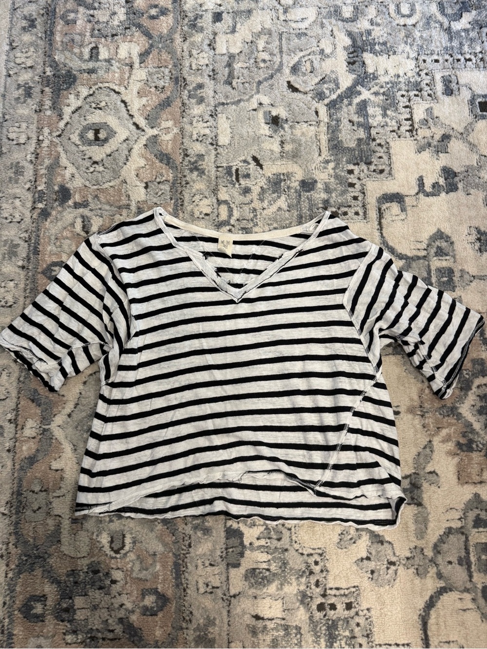 We The Free Black & White Striped V-Neck Short Sleeve Top